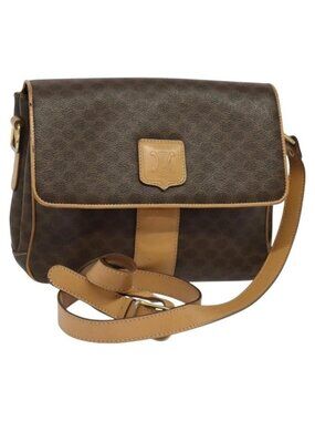 Authentic CELINE Macadam Canvas Shoulder Bag PVC Leather Brown Gold